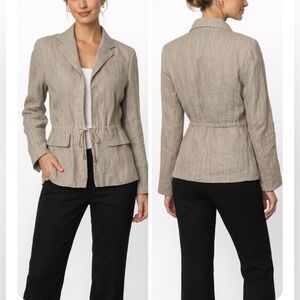 VTG Women’s 90% Linen Career Lined Fitted Jacket w/ Waist Tie Tan / Blue  Size 8